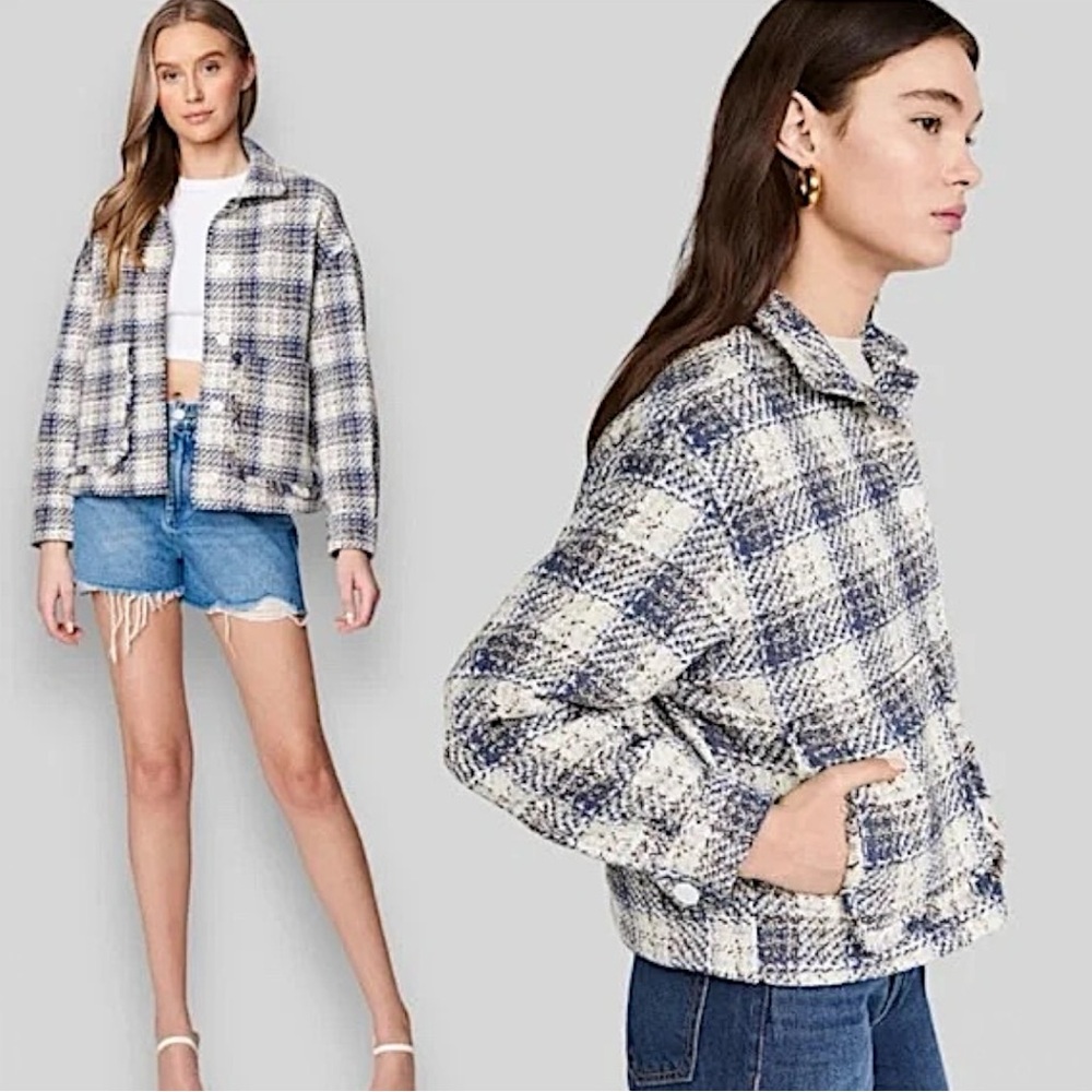 NWT BlankNYC Cropped Tweed Jacket In Blue Cream Plaid Size Large - Picture 4 of 16